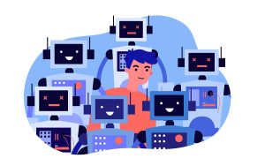 Young man standing in crowd of robots.
