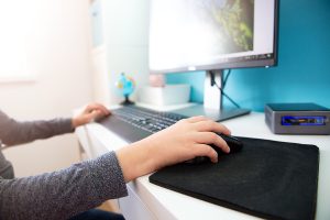 Nine Year Old Child using a computer at home.