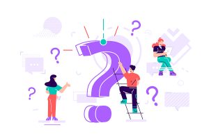 Giant question mark representing Ask Engine Optimization surrounded by marketers.