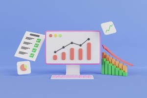 Image of an animated screen and float graphs depicting business growth.