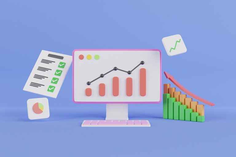 Image of an animated screen and float graphs depicting business growth.