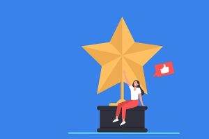 Woman sitting on huge award with social media like icon next to her.