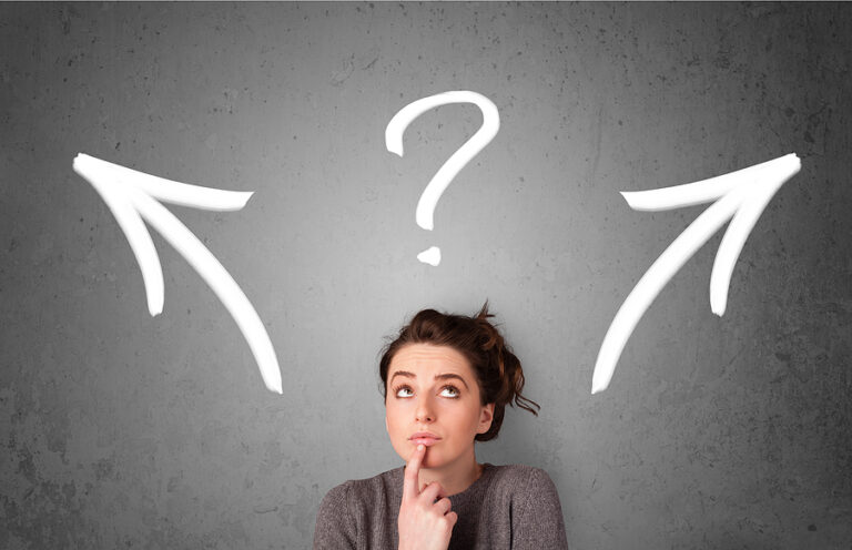 Woman making a decision with arrows and question mark above her head.