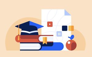 Graphic of a graduation cap on top of both a red and blue book with a paper and apple to the right of them.