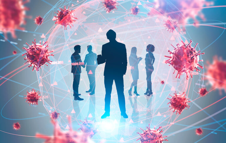 Silhouettes of business people in a bubble surrounded by the coronavirus (COVID-19).