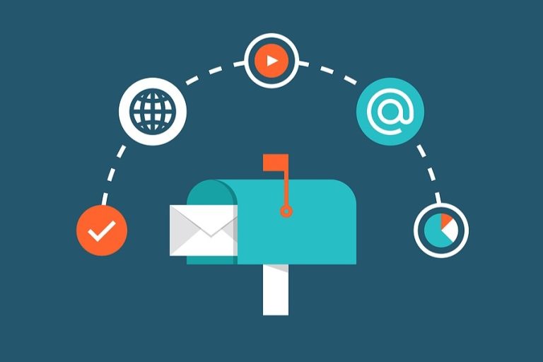 Mailbox with letting with digital icons above representing email marketing.