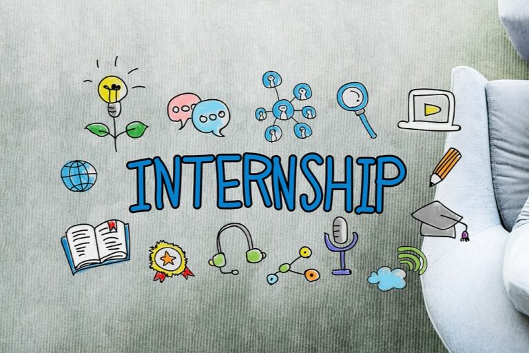 Internship text with icons around in next to a student in a chair with a laptop.