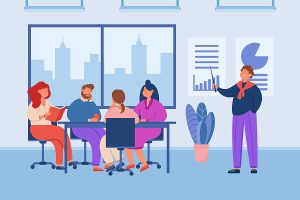Manager leading a meeting in a boring business.