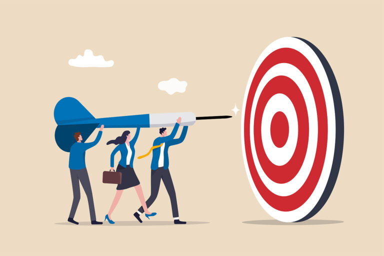 Businessmen and women maneuvering a dart onto a bullseye, representing targeted marketing.