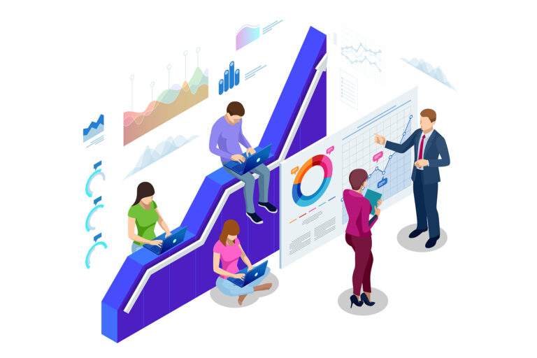 Illustration of a marketing team interacting with graphs, KPIs, and other digital data.