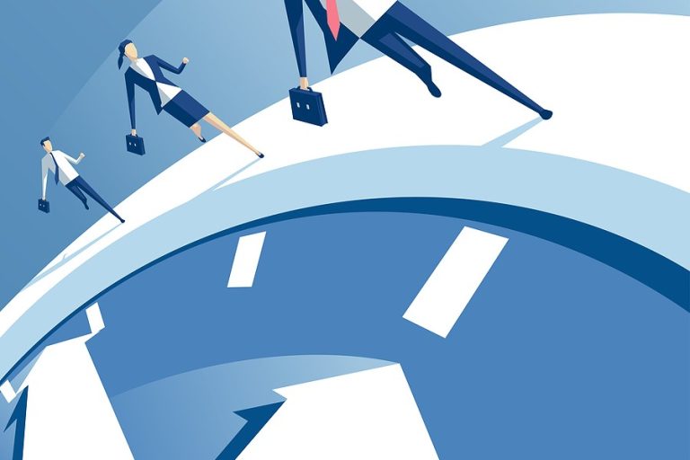 Business people running along the top of an analog clock.