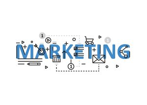 The word marketing in blue with marketing icons and markup.