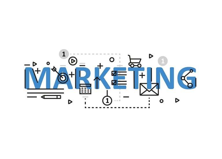 The word marketing in blue with marketing icons and markup.