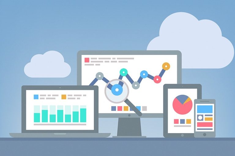 Marketing analytics and metrics being shown on multiple devices.