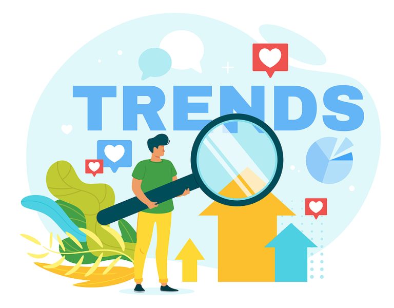 Person with large magnifying glass on a background saying "Trends," describing social media and marketing trends.