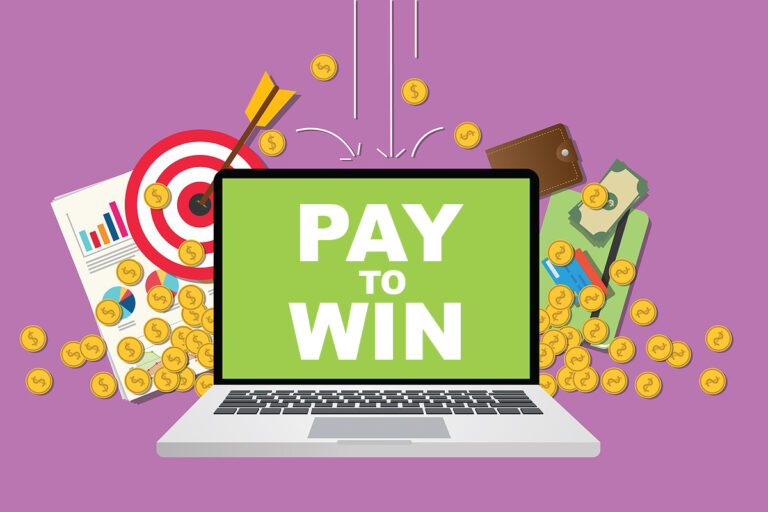 Pay to Win on Laptop surrounded by money and analytics.