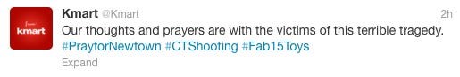 Kmart tweets about the massacre of school children in Newton, adding a promotional hashtag.