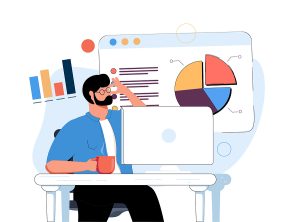 Marketer or business owner looking at marketing analytics and reporting.