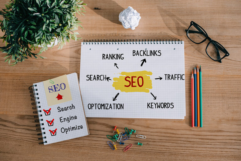 "SEO" written in notebook with arrows pointing to the words, "Ranking," "Backlinks," "Traffic," "Keywords," "Optimization," and "Search." A smaller notepad is on the left where the long form of SEO is written out, "Search Engine Optimization." The notebooks are on a desk with paperclips, pencils, a pair of glasses, a crumpled up piece of paper, and a house plant.