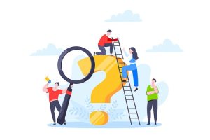 Team of sales and marketing professionals around a large question mark.