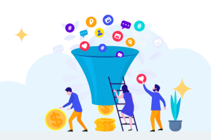 Marketers managing a social media funnel into leads.