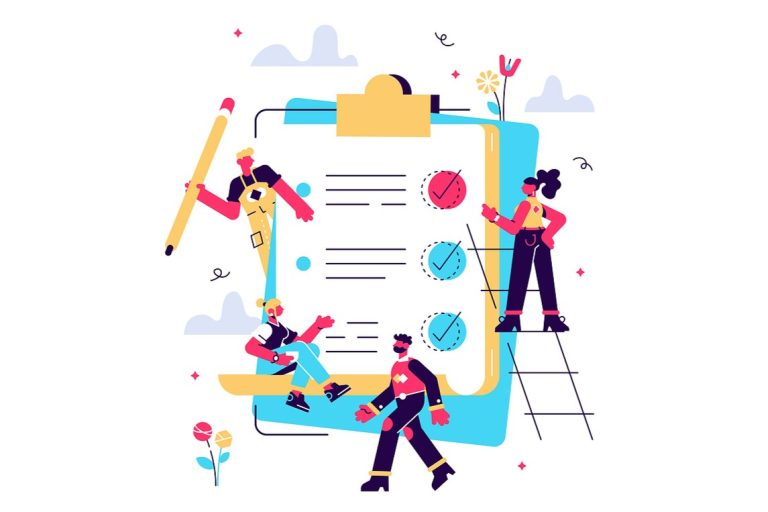 Marketers gathering around large checklist for social media marketing.