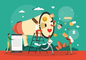 Giant loudspeaker surrounded by marketers representing a social media voice.