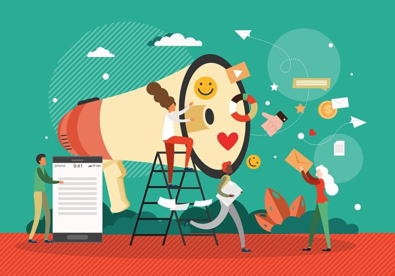 Giant loudspeaker surrounded by marketers representing a social media voice.