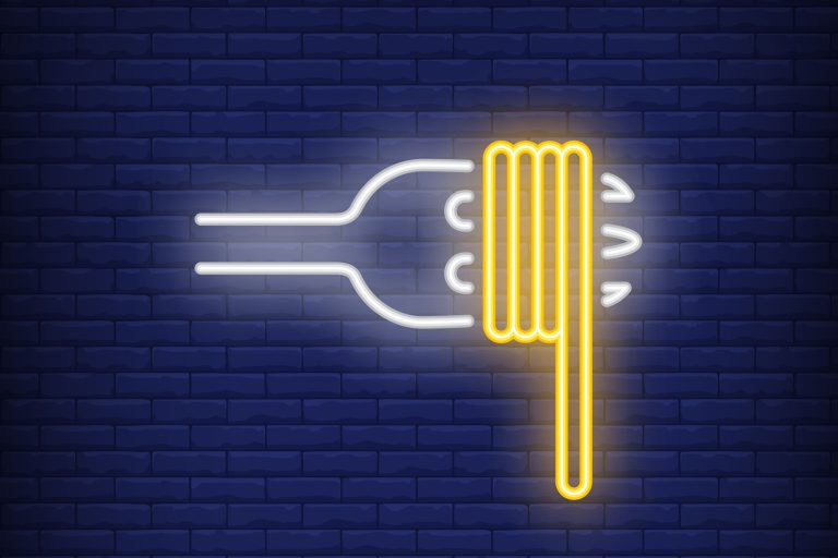 Neon graphic of spaghetti on fork against blue brick background.