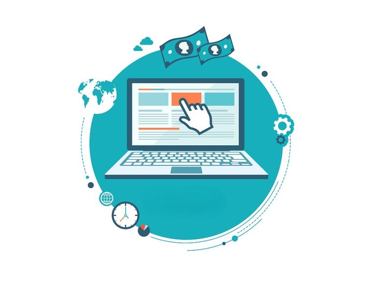 Image of a laptop with pay per click ads, surrounds by marketing and advertising icons.