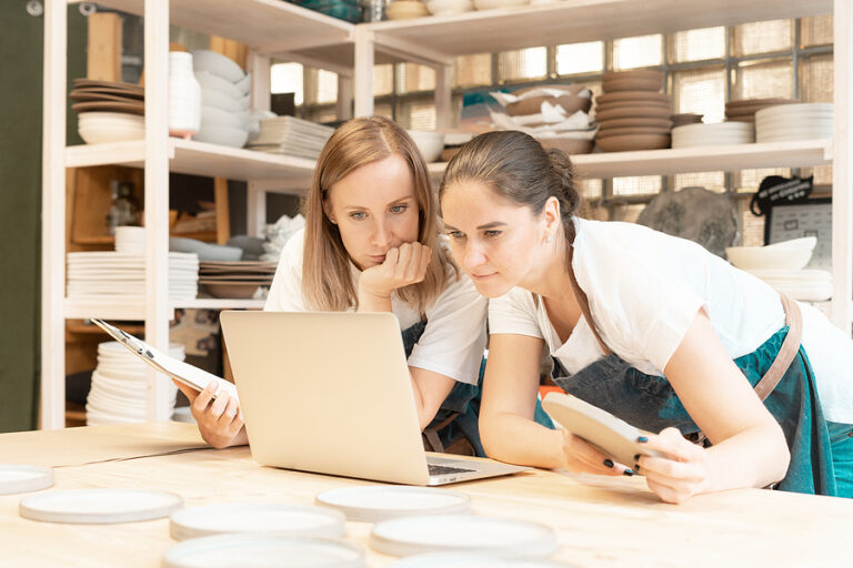 Two female artisans surrounded by pottery on shelves staring at a laptop.