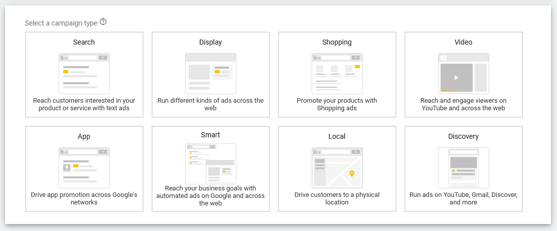 Selection from Google Ads that allows you to pick the type of Campaign to run.
