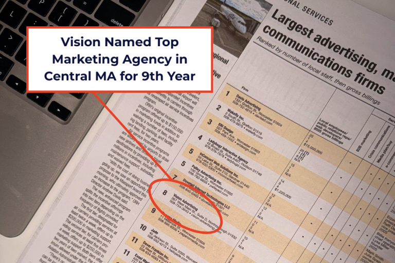 Highlighting entry in WBJ Book of Lists with text "Vision Named Top Marketing Agency in Central MA for 9th Year"